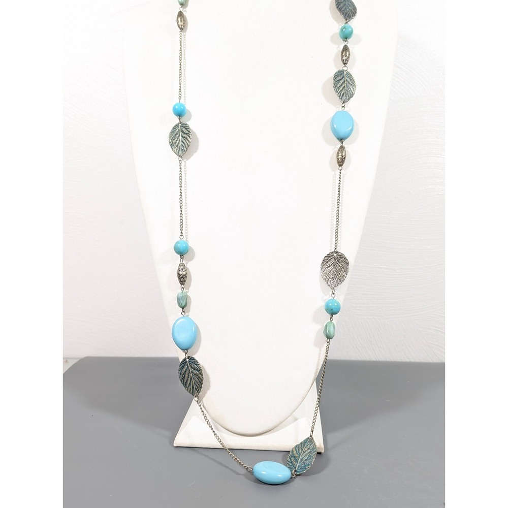 Long Leaf Statement Necklace Antiqued Bronze‎ Green Patina Blue Bead 42" Boho